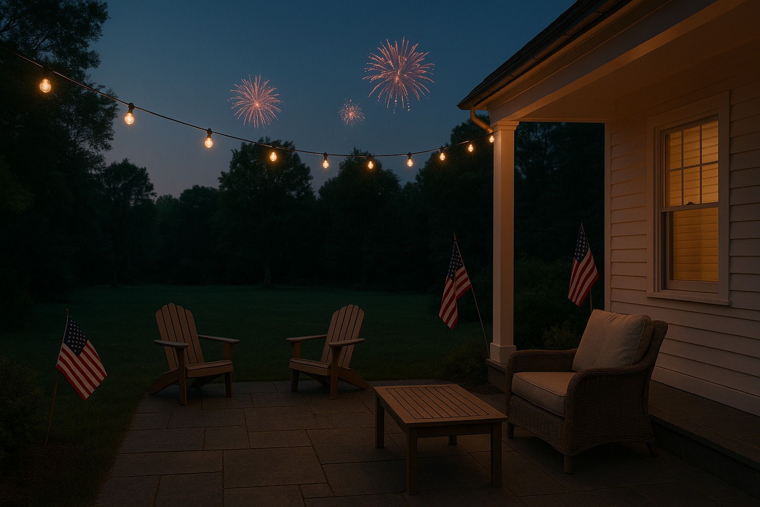 fourth-july-grounding-hero Peaceful Fourth of July evening with subtle flags and distant fireworks, representing calm grounding and holiday coping support.